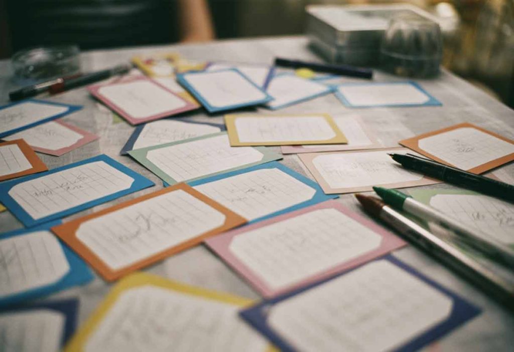 Handmade charades cards on table during party game preparation