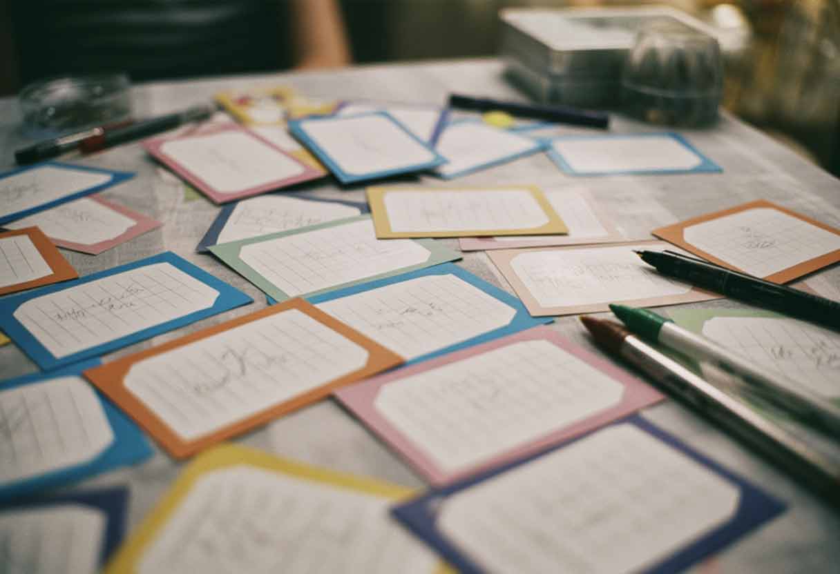 Handmade charades cards on table during party game preparation