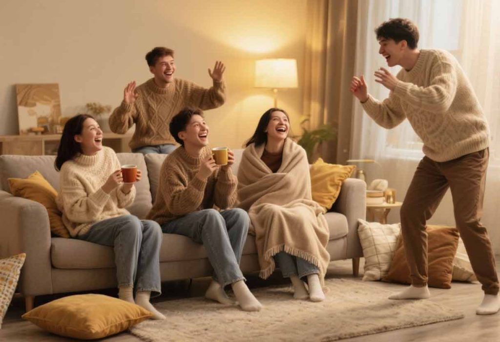 Group playing Little Joys Charades with tea and blankets.