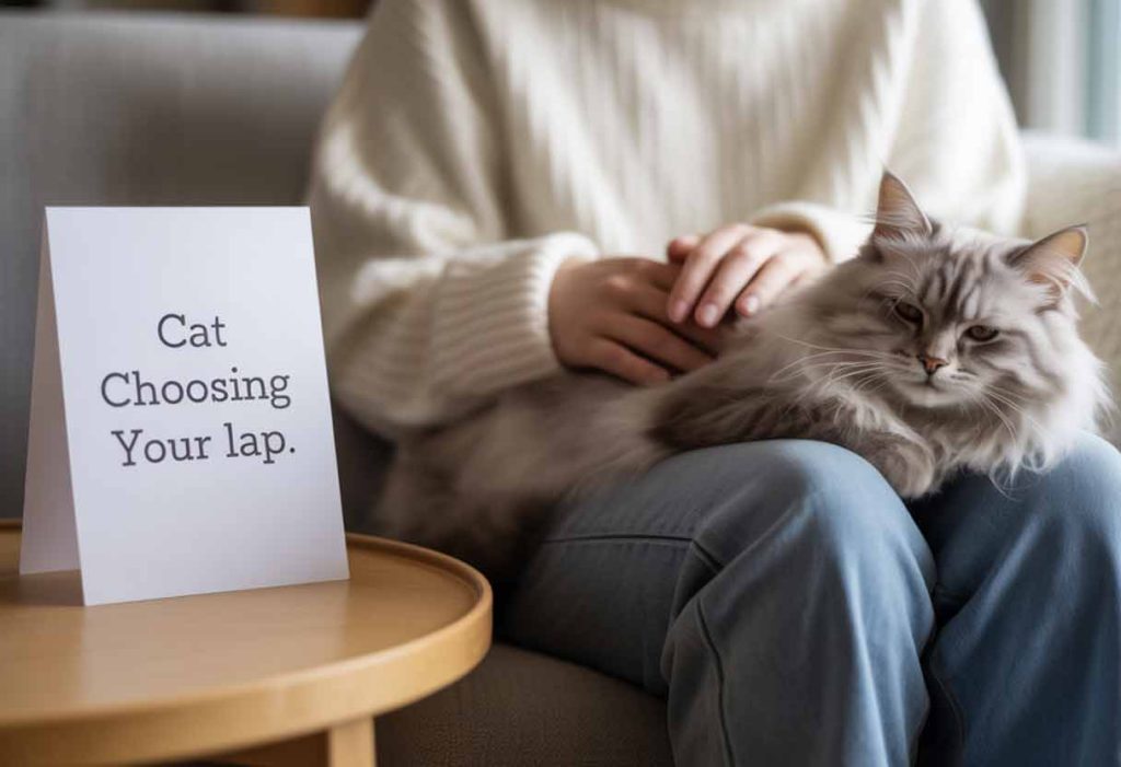 White card with “Cat choosing your lap” beside a person sitting with a cat on their lap.