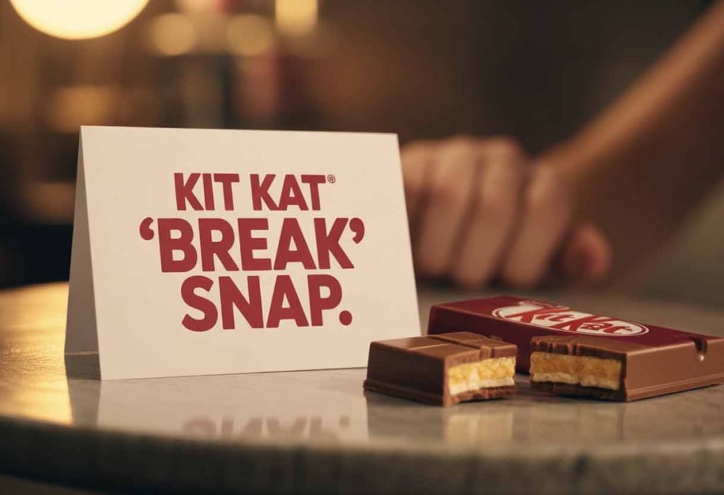 White card with “Kit Kat ‘break’ snap” beside a Kit Kat bar on the table.