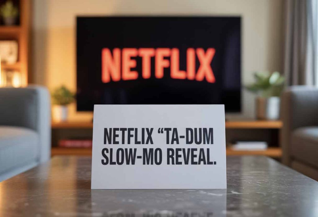 White card with “Netflix ‘ta-dum’ slow-mo reveal” on a table, TV showing Netflix in the background.