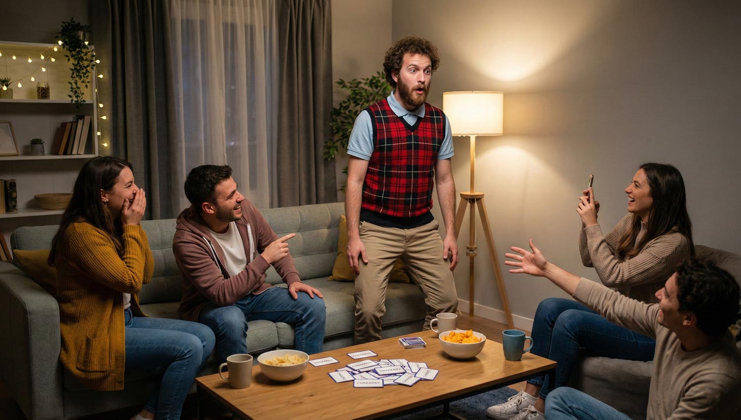 Group mid-charade, everyone laughing