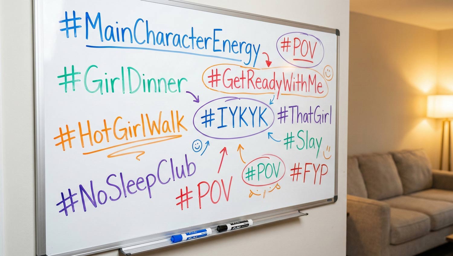 Whiteboard covered in trending tags