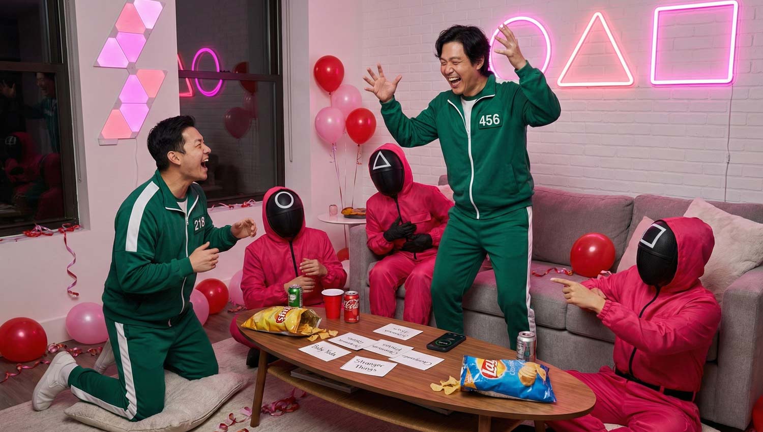 Friends acting out pop culture moments around a coffee table.