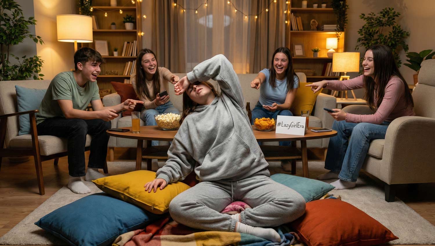 Teens cracking up, phones tossed aside