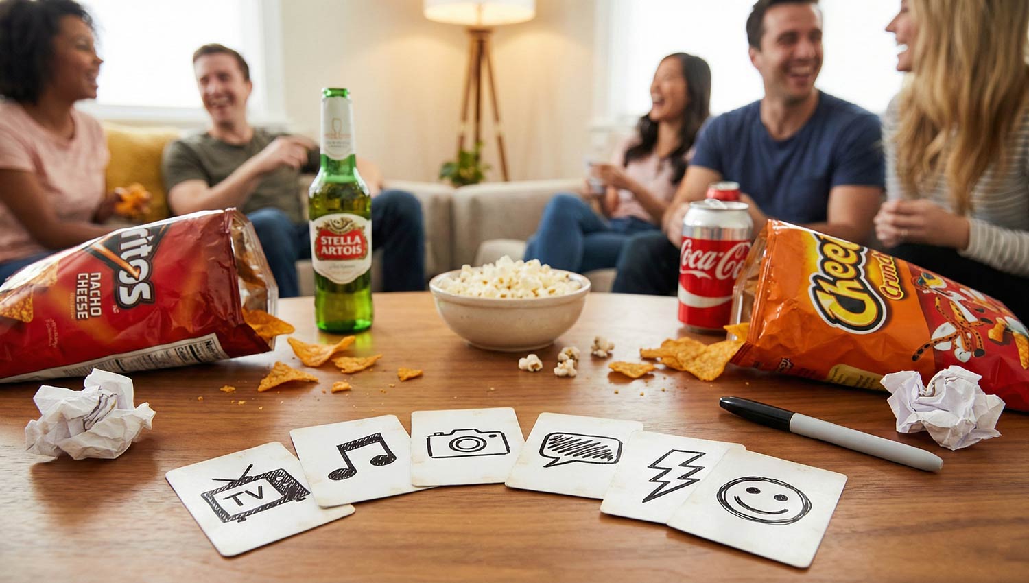 Hand-drawn theme icon cards on a snack-filled game-night table with labeled drinks.