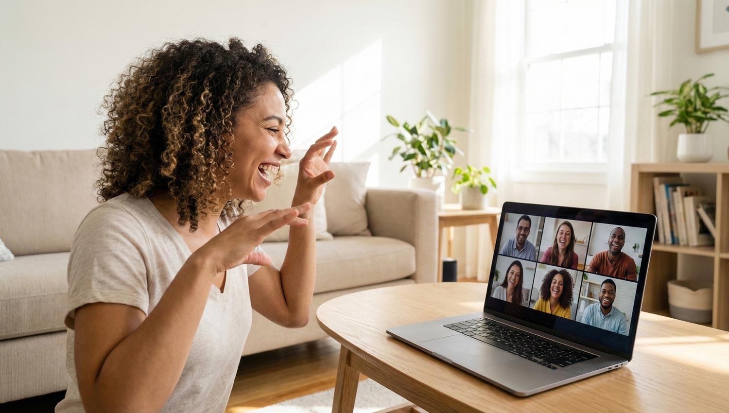 A person acting charades in a living room while friends laugh on a video call.