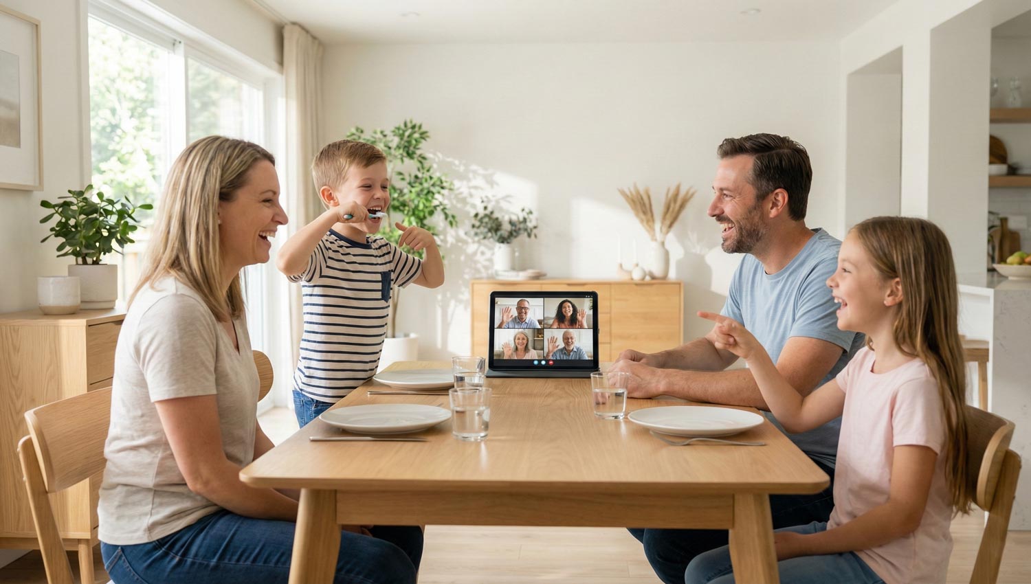 A family using charades on a tablet during dinner to laugh with relatives far away.