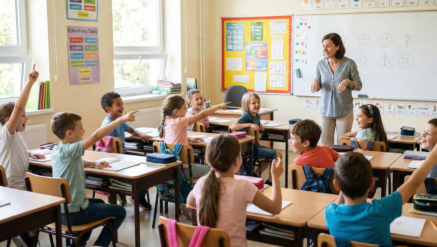 Teacher joining in a charades game with laughing students.