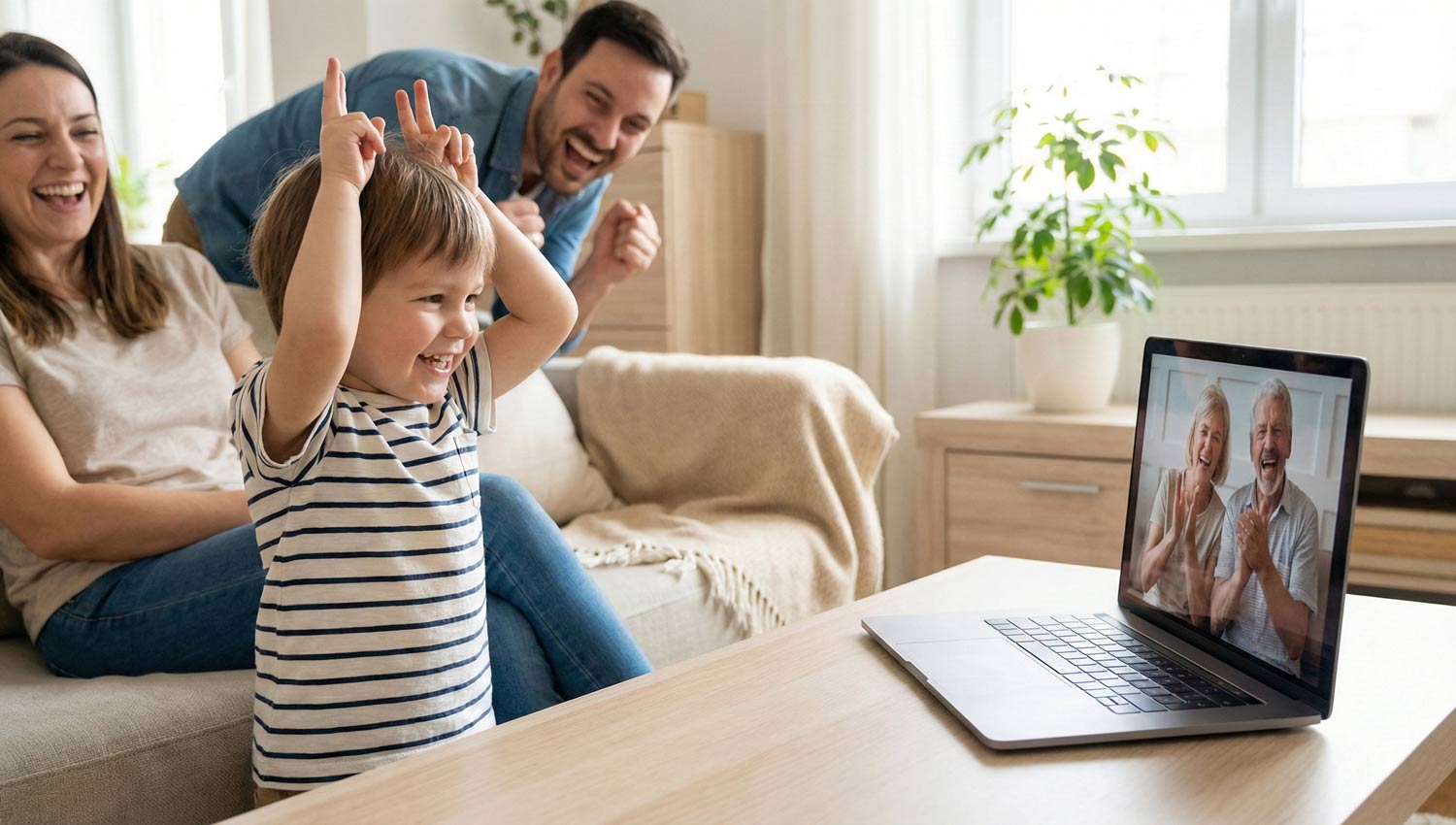 A grandparent acts out charades on a video call just to make a grandchild laugh.