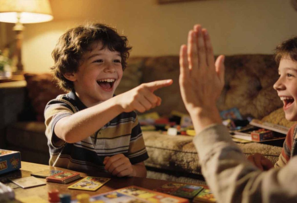 Kids laughing and acting during family game night charades