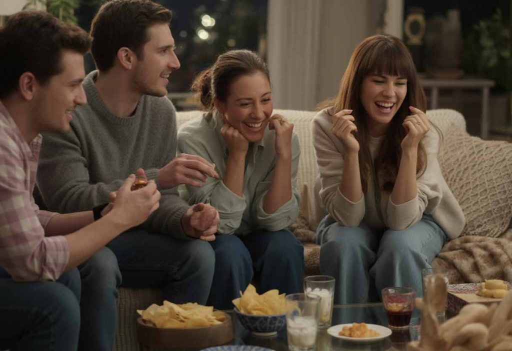 Friends playing party games in a cozy living room with snacks scattered